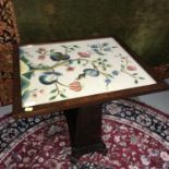 Antique flip top table/ firescreen, designed with a floral tapestry behind glass. Table top measures