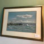 Original pastel drawing of The light house at Ellie Ness by Reg Butler, dated 1983, Frame measures
