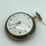 A Victorian fusee movement pocket watch fitted with an outer casing, Enamel face with gold hands,