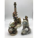 1936 Goebel Girl in tree and dog with slipper table lamp (Damaged) Goebel boy with rabbit figures,