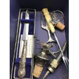 A Selection of odds which includes Horn handle cork screw, Silver plated fox decanter stopper and