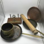 A Lot of vintage collectables which includes Arts and crafts brass pot, Two copper and brass pans,