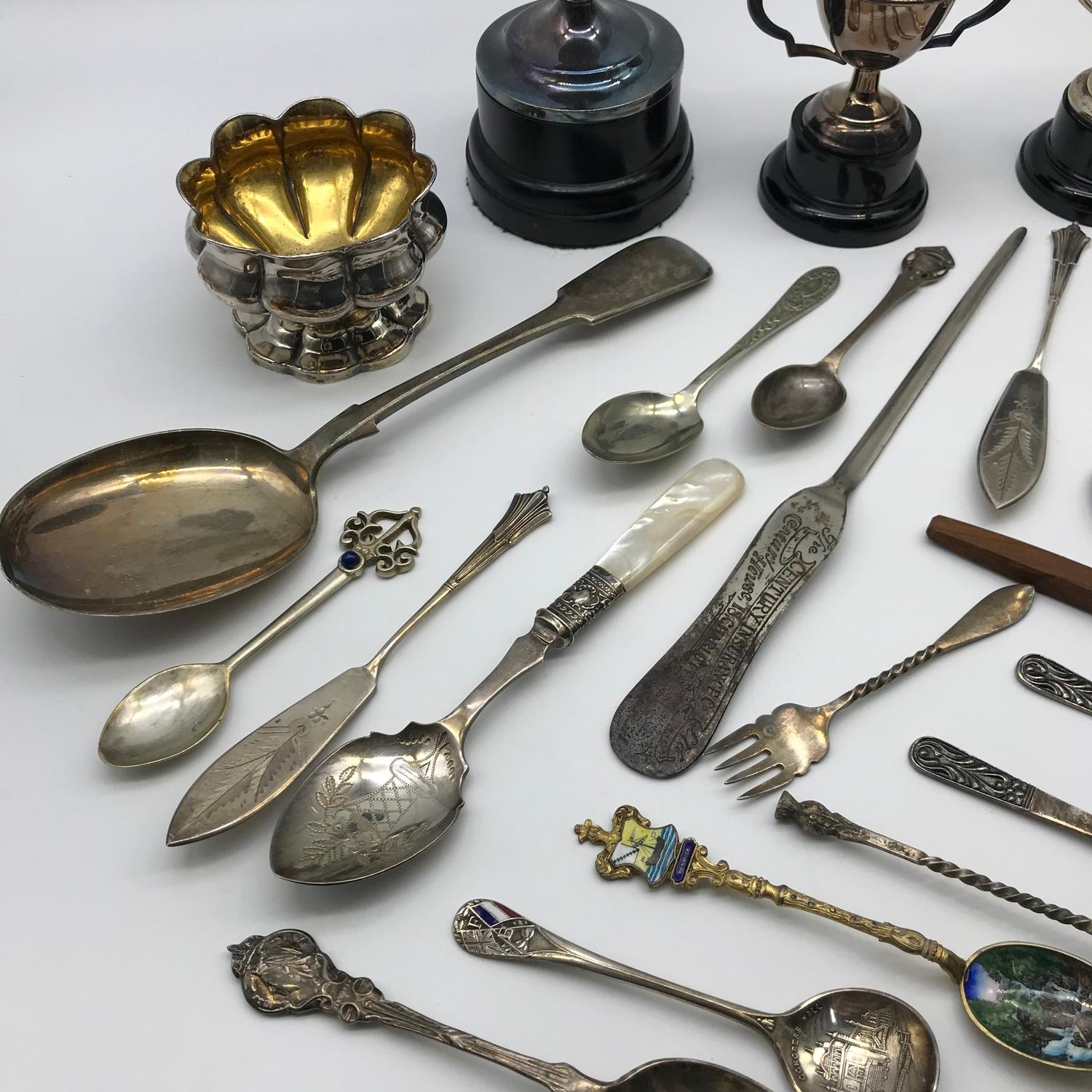 A Lot of silver plated and E.P. spoons, letter opener and 3 various sized trophies - Image 2 of 5