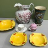 A selection of porcelain odds which includes Victorian water jug, Belgium vase, Limoge style tea pot