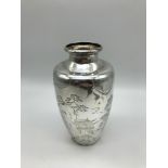 Antique Chinese silver vase, engraved with Pagodas, Mountains and bonsai trees, Gilding to the sun