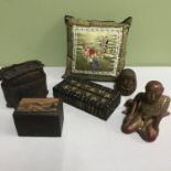 A Collection of far Eastern items which includes quill box, weaved basket, Silk Japanese Cushion,