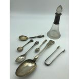 A Lot of silver hall marked spoons, tongs and silver collard perfume decanter. Large Georgian