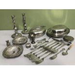 A Lot of various silver plated and E.P Wares which includes Silver plated candle sticks, two