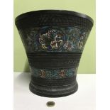 An 18th century/ 19th century (possibly earlier) bronze Chinese planter, designed with two cloisonne