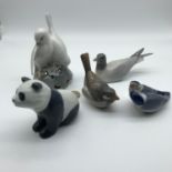 A Lot of 4 Royal Copenhagen bird figures and Panda figure.