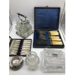 A Lot of silver plated, EP and Crystal wares, Includes Condiment set and tea strainer