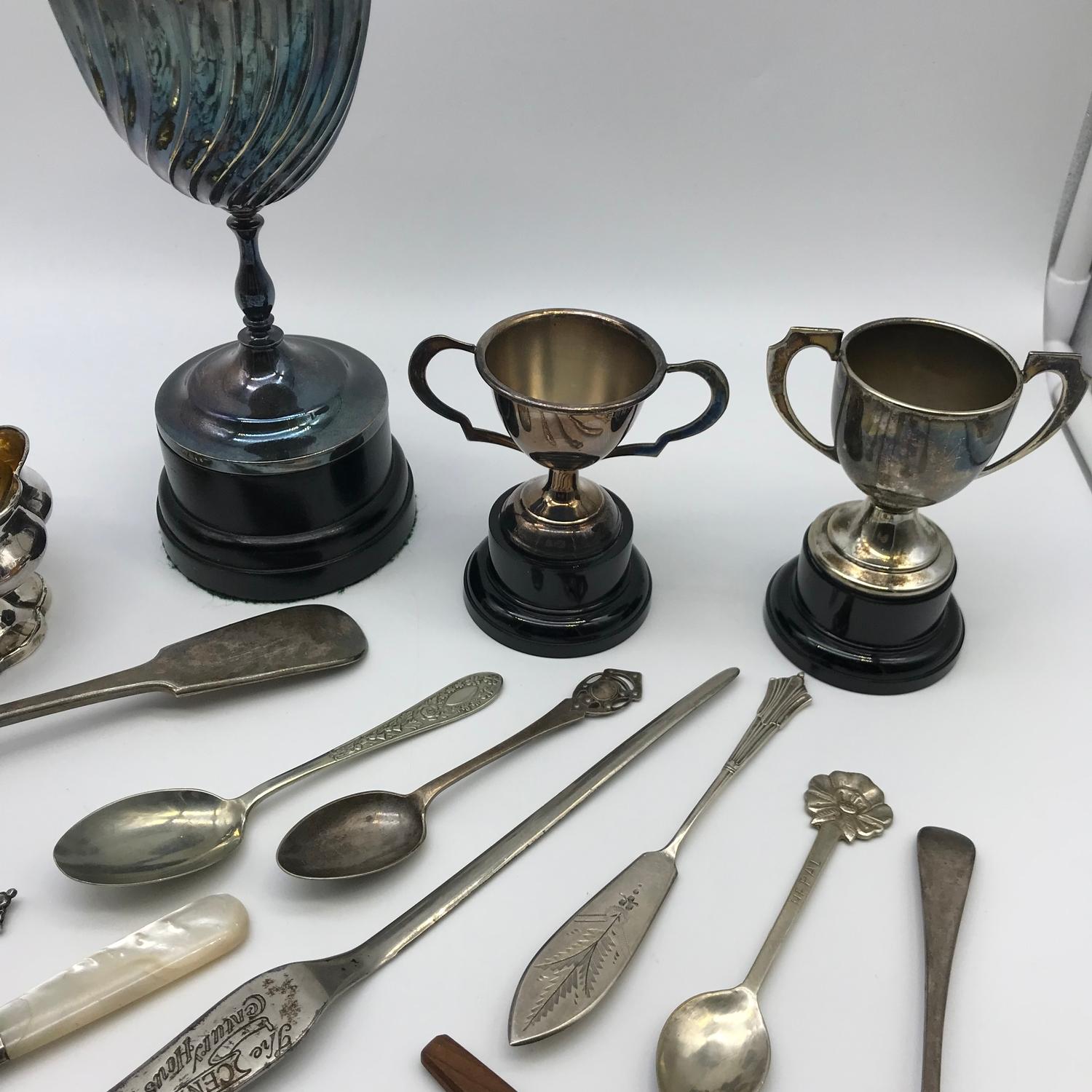 A Lot of silver plated and E.P. spoons, letter opener and 3 various sized trophies - Image 5 of 5