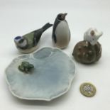 A Lot of 4 Royal Copenhagen porcelain items, Includes Frog on lily pad design dish, Mouse sitting on