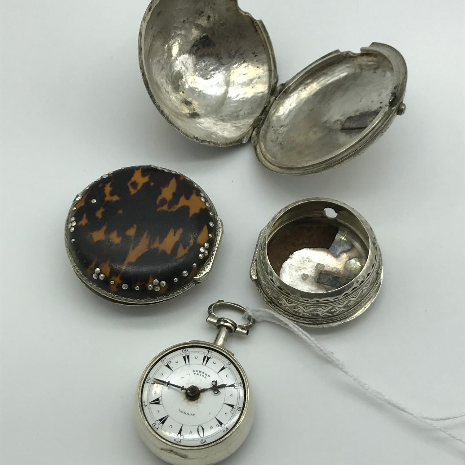 A Victorian Edward Prior of London, Triple silver and tortoise shell cased Verge fusee movement - Image 5 of 8