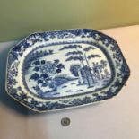 A Large 19th century Blue and white Chinese design platter (Damaged) Measures 3.5x38.5x30.5cm