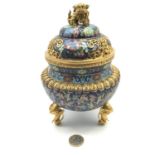 A Highly decorative antique Chinese Cloisonne censor lidded pot, Supported on gilt elephant heads,