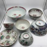 A Lot of 19th century Chinese/ Japanese floral hand painted bowls and plates, Largest bowl