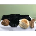 A Lot of three vintage fur hats, Fur coat and fur stole.