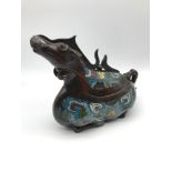 Antique Chinese Bronze and cloisonne dragon horse shaped preserve lidded pot.