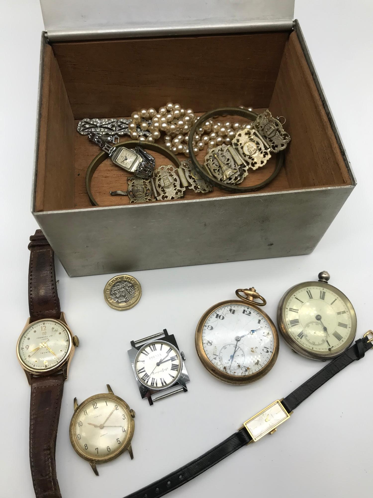 A Vintage box containing various costume jewellery, Vintage watches and pocket watches, Ingersoll