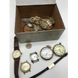A Vintage box containing various costume jewellery, Vintage watches and pocket watches, Ingersoll