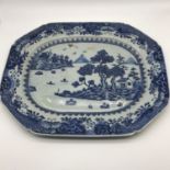 A large 19th century Chinese blue & white hand painted landscape platter