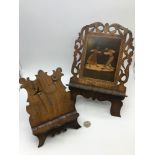 A Lot of two Victorian carved wood folding tabletop book stands, Ornately designed with inlays to