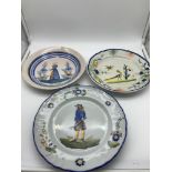 A Lot of three antique Quimper tin glazed bowl plates.