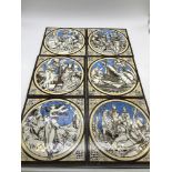 A Set of 6 Mintons Greek style tiles, signed by Moyr Smith.