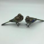 A Pair of 19th century Japanese Meiji Period solid silver & enamel bird models, Beautifully designed