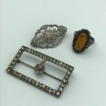 800 grade silver, amber and marquisette stone ring, Silver 935 art deco brooch and silver ortak