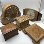 A Lot of wooden items, Includes Metamec retro clock, Inlaid cigarette dispenser, Bur walnut music