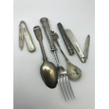 A Lot of silver hall marked items, Includes Two mother of pearl and silver fruit knives, Georgian