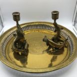 A Pair of unusual antique bronze/brass fish candlesticks together with a far eastern gilt brass