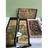 A lot of two 19th century (possibly earlier) oriental hand painted linen scrolls depicting a