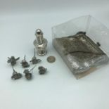 A Silver made pepper pot, A Lot of 6 pewter made owl figures and deco style purse/ bag.