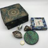 A Lot of Oriental items which includes tapestry top box, Heavy metal Phoenix ingot & 3 pieces of