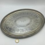 A Heavy Birmingham silver engraved serving tray sat upon 4 bun feet, Made by Bailey & Co, Weighs