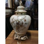 A Large Victorian Royal Worcester China Blush Ivory bamboo design urn with lid, Beautifully hand