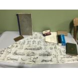 A Lot of military items which includes WW1 Era printed cloth triangular bandage, WW2 R.A.F mechanics