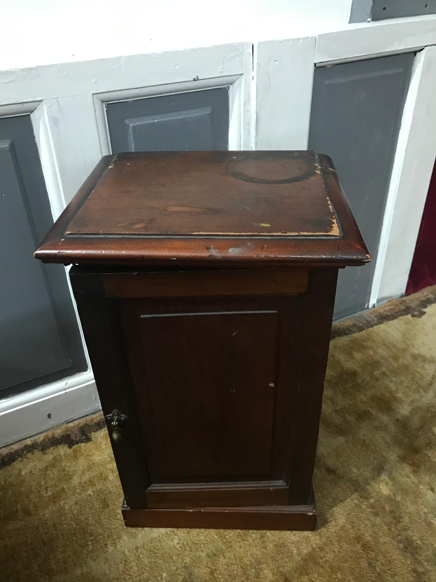 Antique mahogany watch makers cabinet, Has interior drawers and pull down flap, Measures 48.