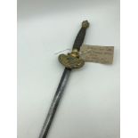 Victorian Court Sword, 77cm Diamond section blade, Gilt brass hilt, Crowned 'VR' Cypher.