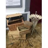 A Lot of various size hamper baskets and Cast metal flower stick stand