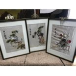A Lot of three Chinese silk embroidered bird scene pictures, All framed and finished with Brass