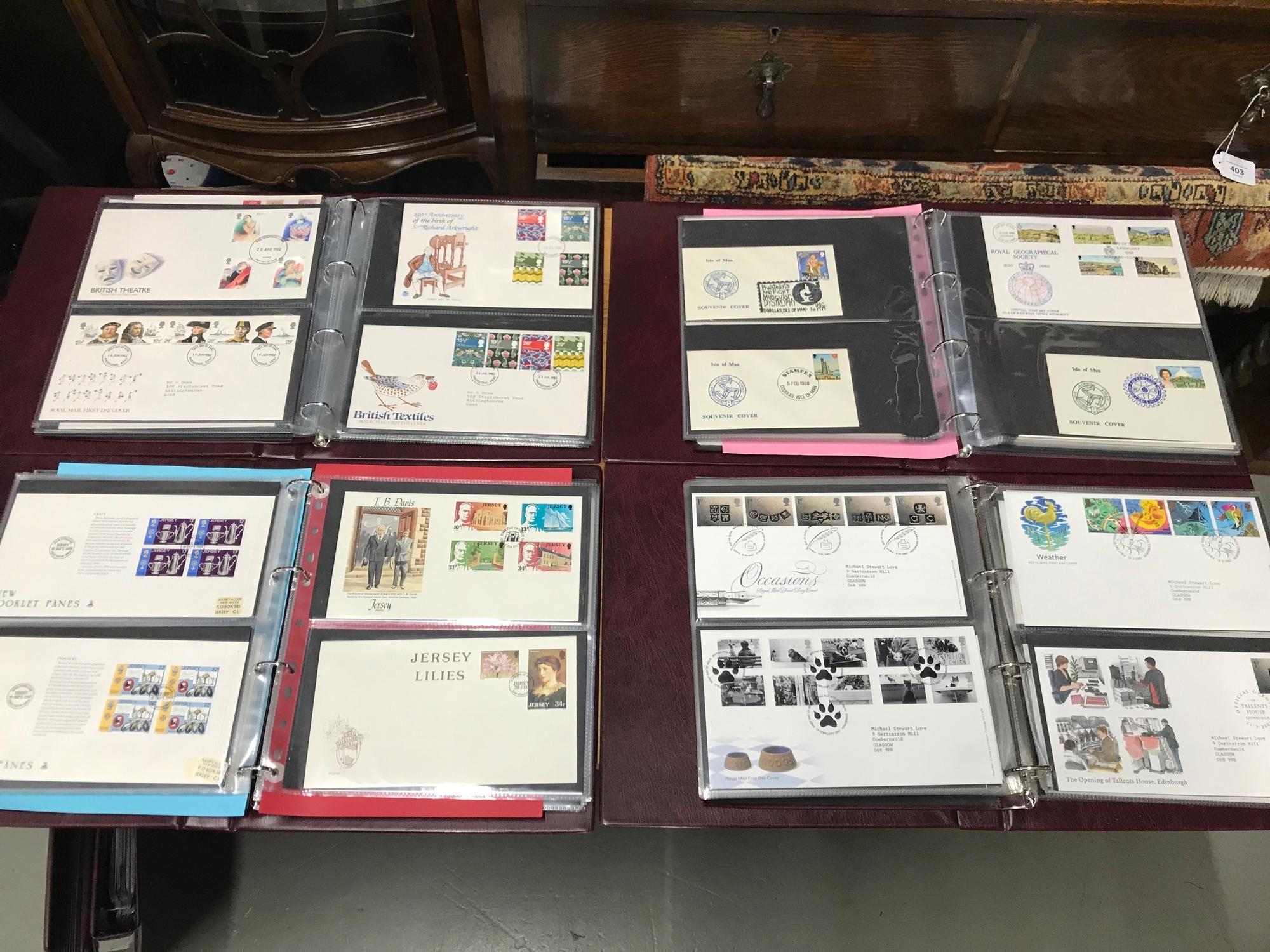 A Lot of four albums of first day covers, 1980-1989, 1997-2002, Jersey & Guernsey & Isle of man