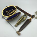 Victorian brass and blue enamel ladies travel sewing kit case, Glass ball hat pin, Tortoise shell