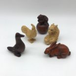 A Lot of 5 hand carved netsuke figures, includes, dragon, mouse, rabbit, chicken and duck.