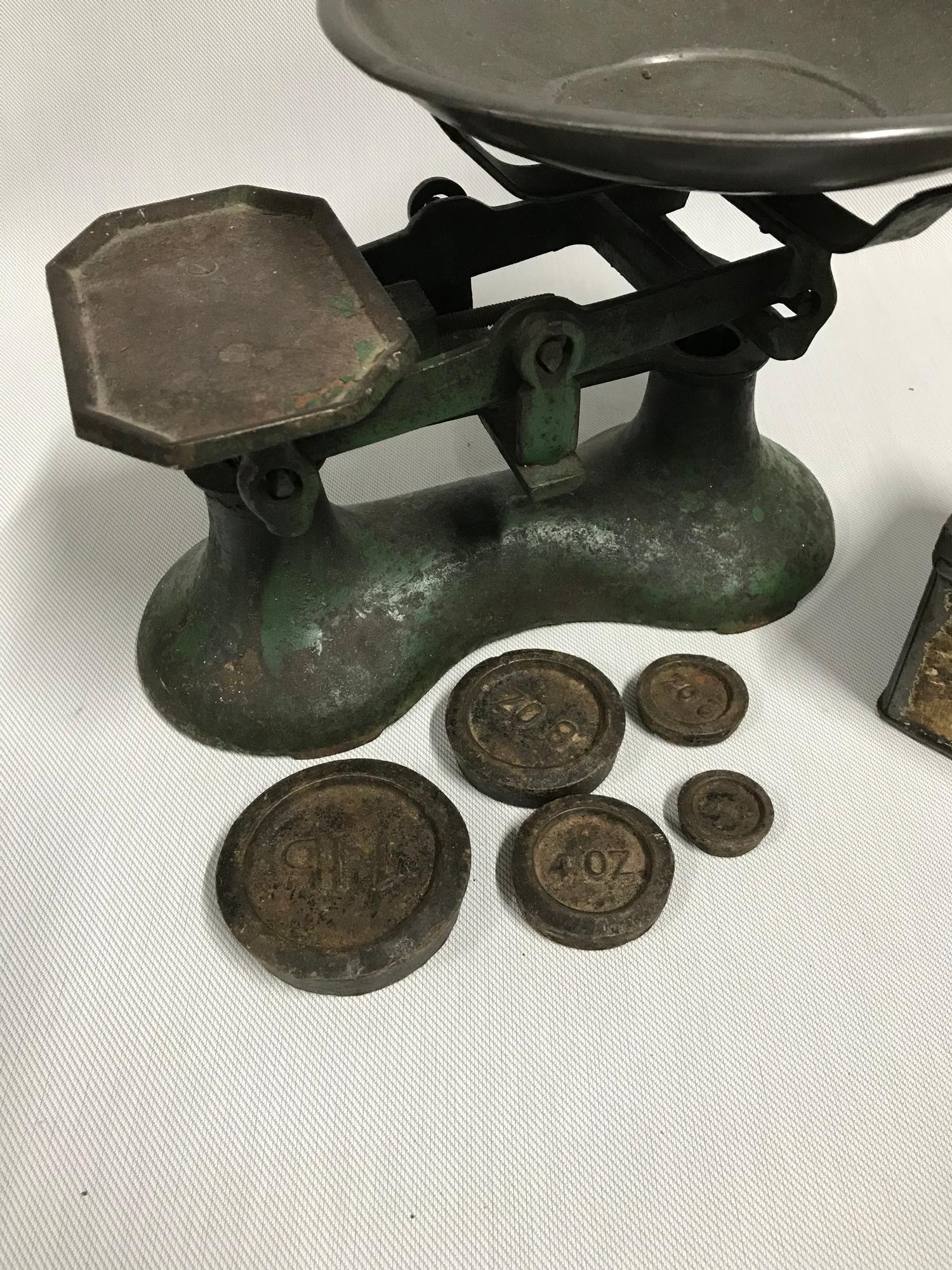 A Vintage set of kitchen scales with weight, still showing signs of original green paint. - Image 2 of 2