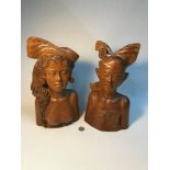 A Pair of Hardwood hand carved busts, Stamped A. Fatima Bali. Measure 34cm in height