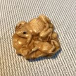 A Japanese Meiji period netsuke detailing a lily pad with two frogs, One frog has black bead eyes.